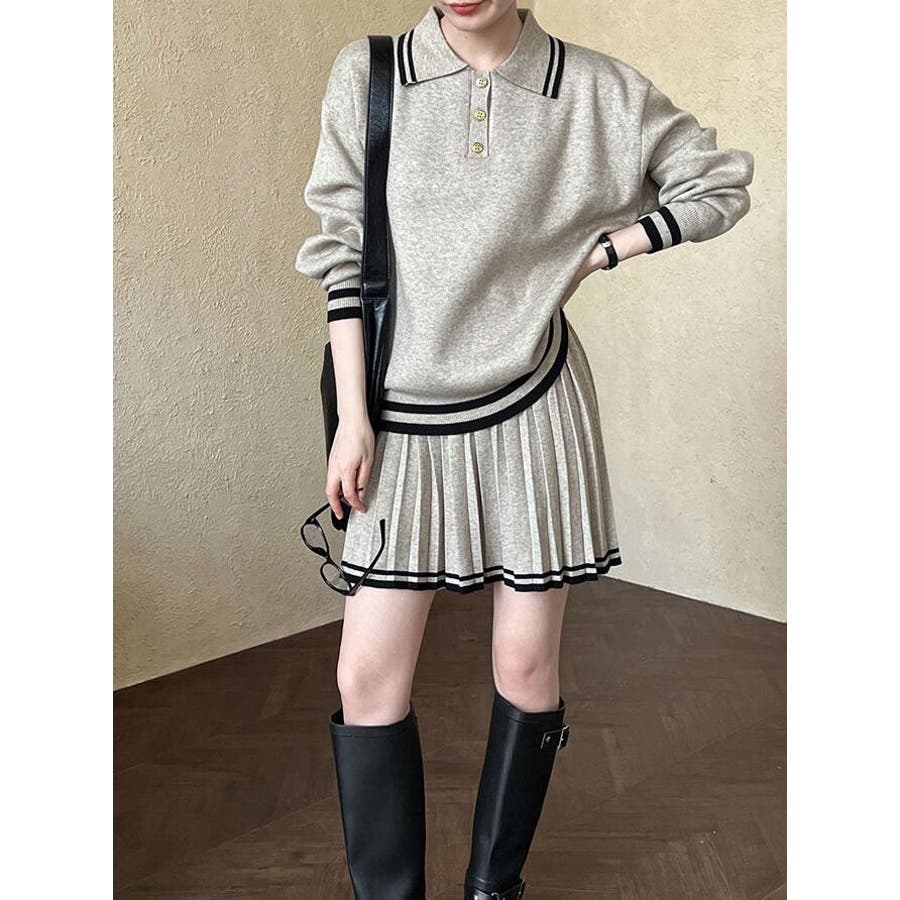 ポロネックニットトップス プリーツスカート セット[品番