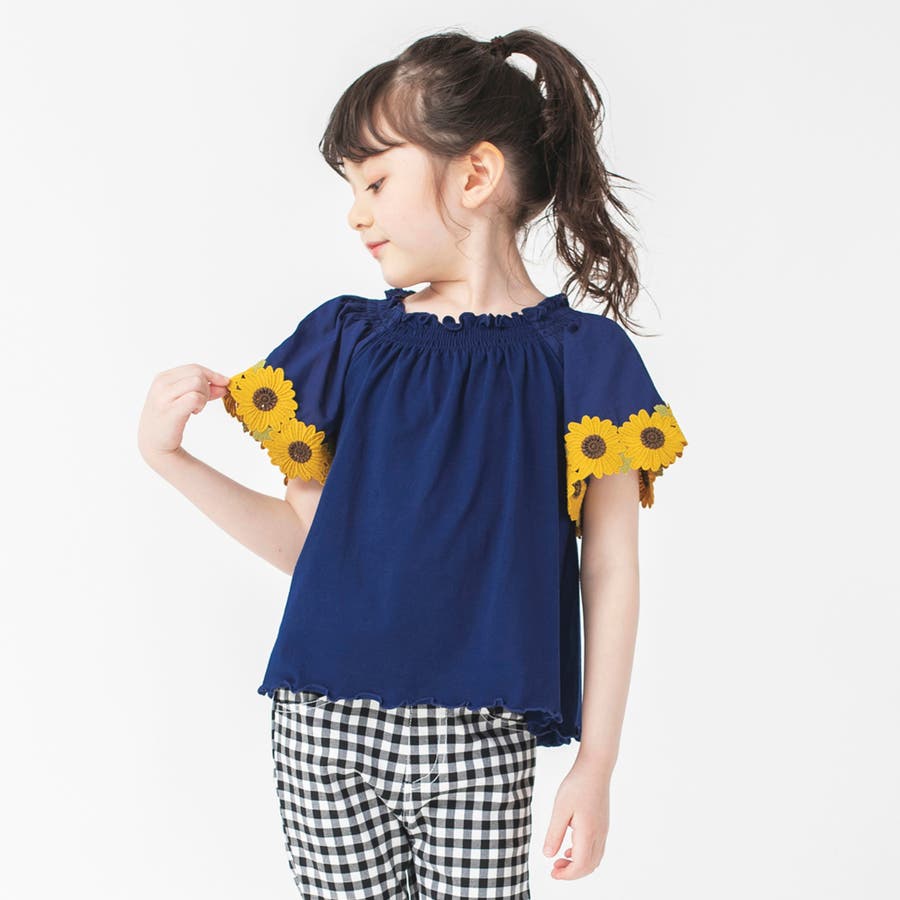 袖ひまわりレース半袖Tシャツ 子供服 キッズ[品番：BRSK0002771 