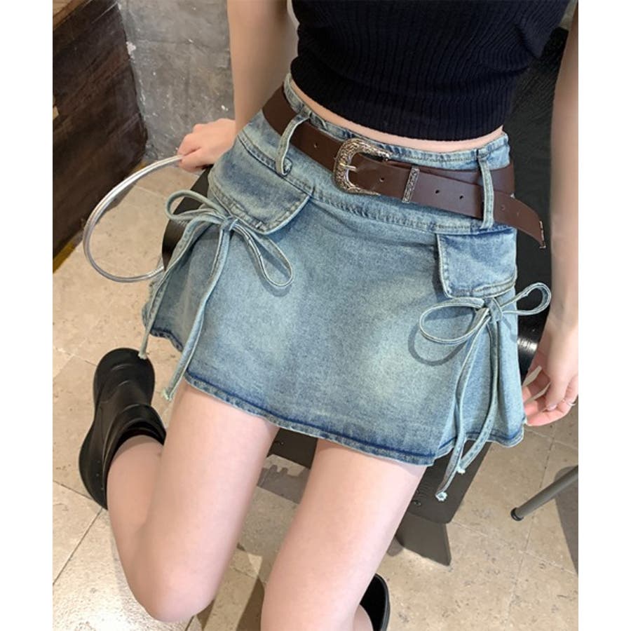 リボンポケットベルトセットデニムスカート[品番：FROW0001395