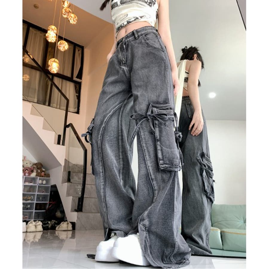 IU着用 デニム カーゴパンツ スリットリボンユニークカーゴパンツ[品番：FROW0001479]｜by