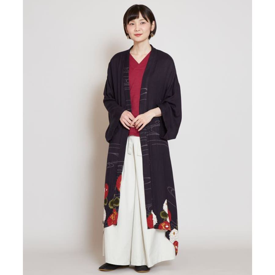 【カヤ】冬牡丹 着物風ロング羽織り UVカット加工[品番