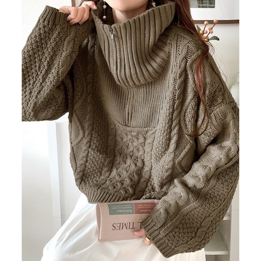 美品】 キャレイグドン みつあみケーブル編みハーフジッププル
