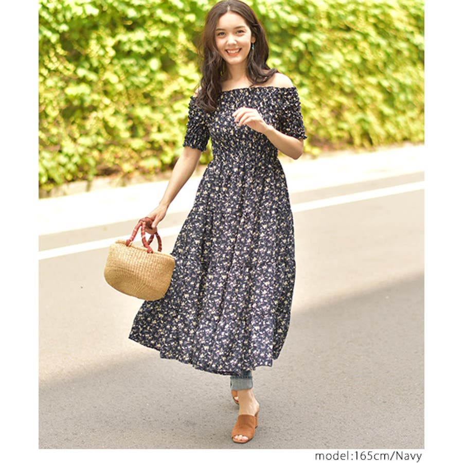 2way小花柄シャーリングワンピース(オフショルダー フレア