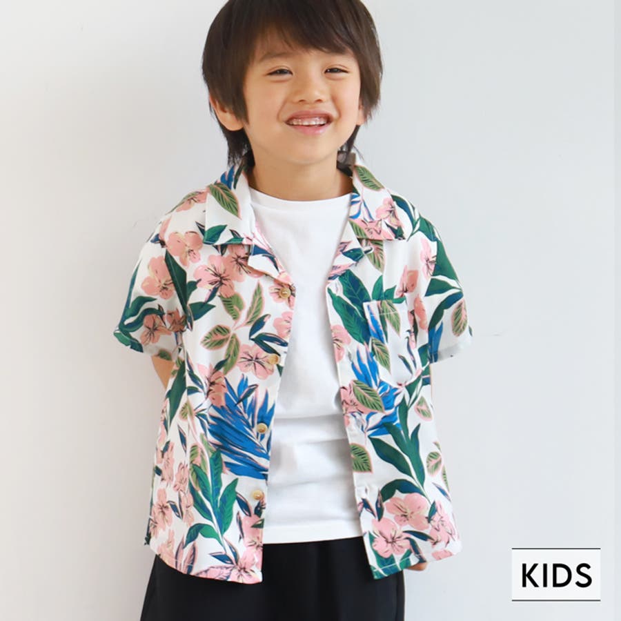 キッズ ピンクフラワー柄ループ付きアロハシャツ[品番：PA000012581 