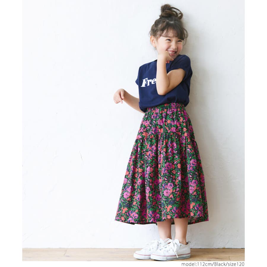キッズ 親子お揃いブラックピンク花柄スカート[品番：PA000012652 