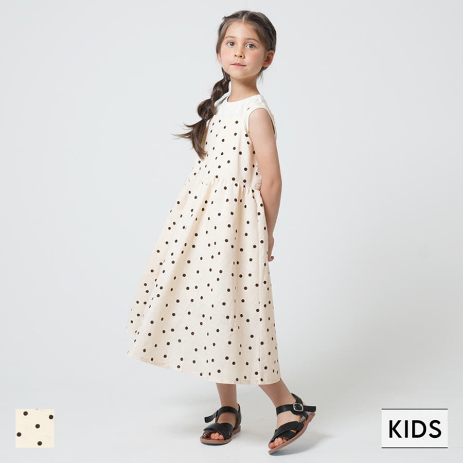 キッズ 麻調ドット柄タンク風キャミワンピース[品番