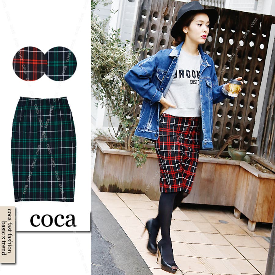 チェック柄ストレッチ膝丈タイトスカート[品番：PA000002535