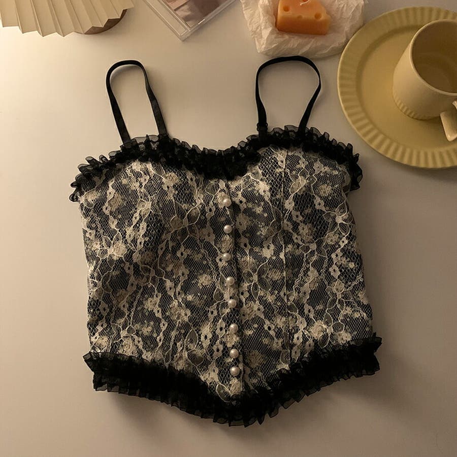 キャミトップ 花柄プリント レース カップ付き コルセット