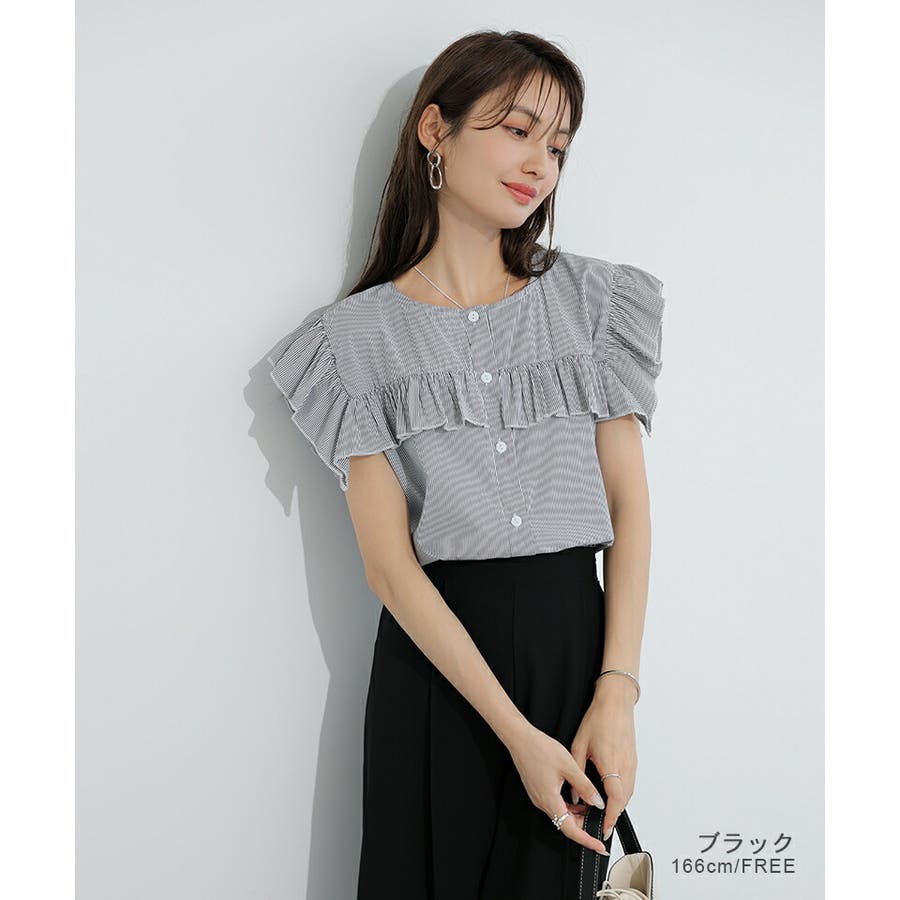 ストライプフリルブラウス ノースリーブ 夏トップス[品番