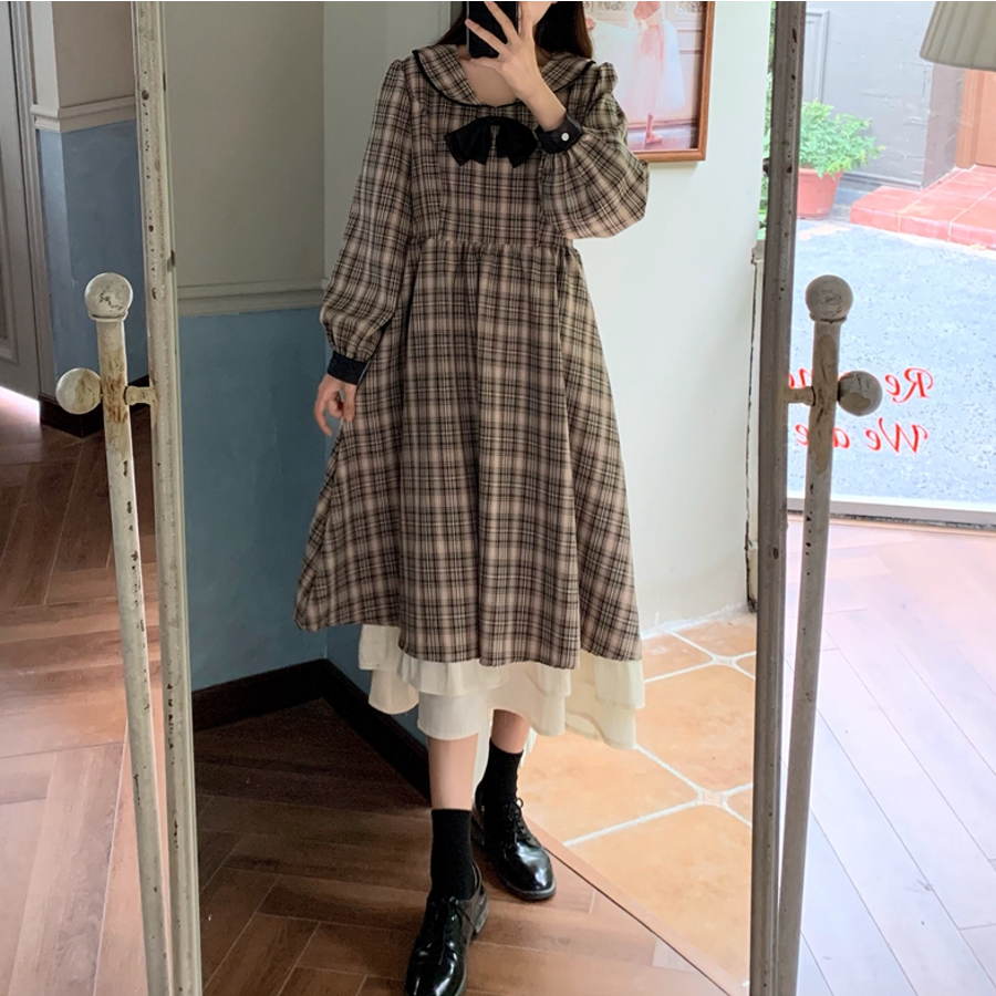 チェック ワンピース 長袖 ロング フリル リボン 襟付き