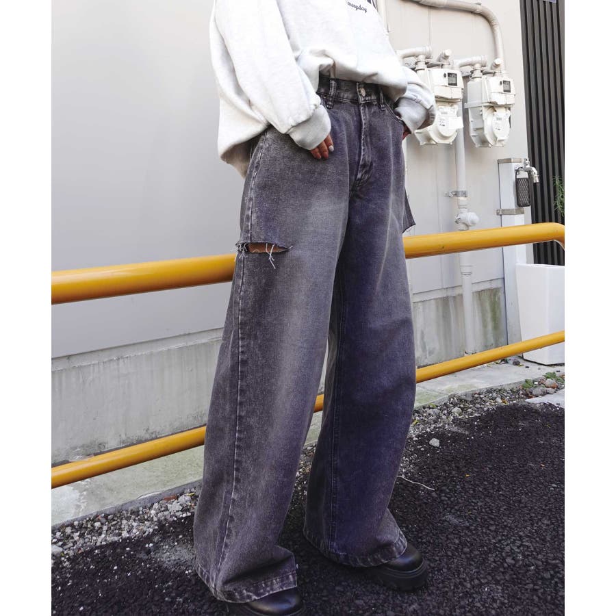 ハイウエストカットデザインルーズデニムパンツ[品番