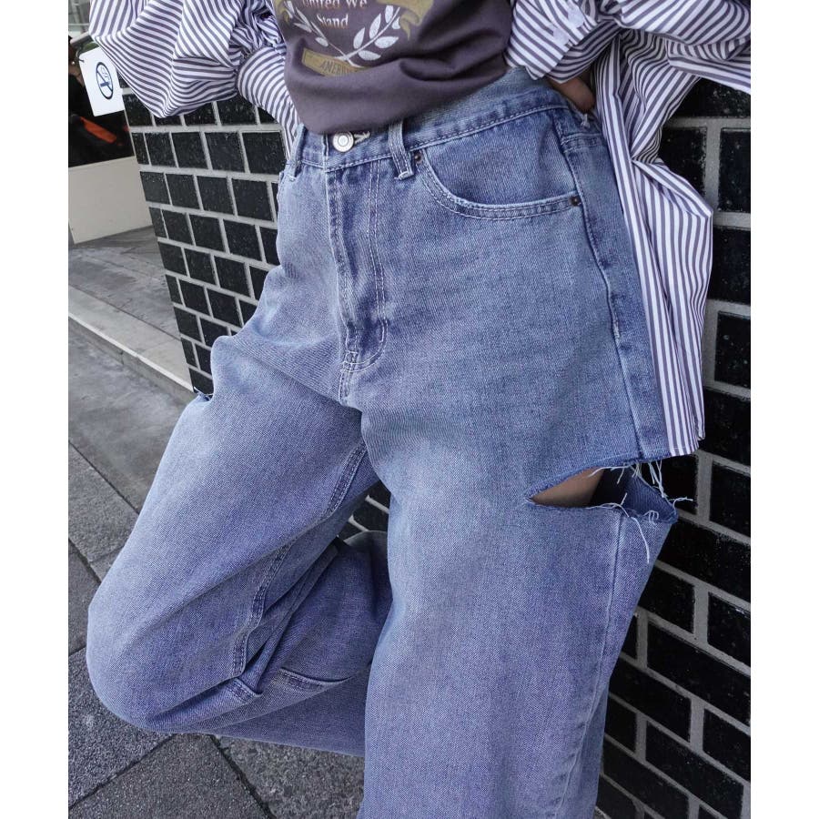 ハイウエストカットデザインルーズデニムパンツ[品番 ハイウエストカットデザインルーズデニムパンツ[品番