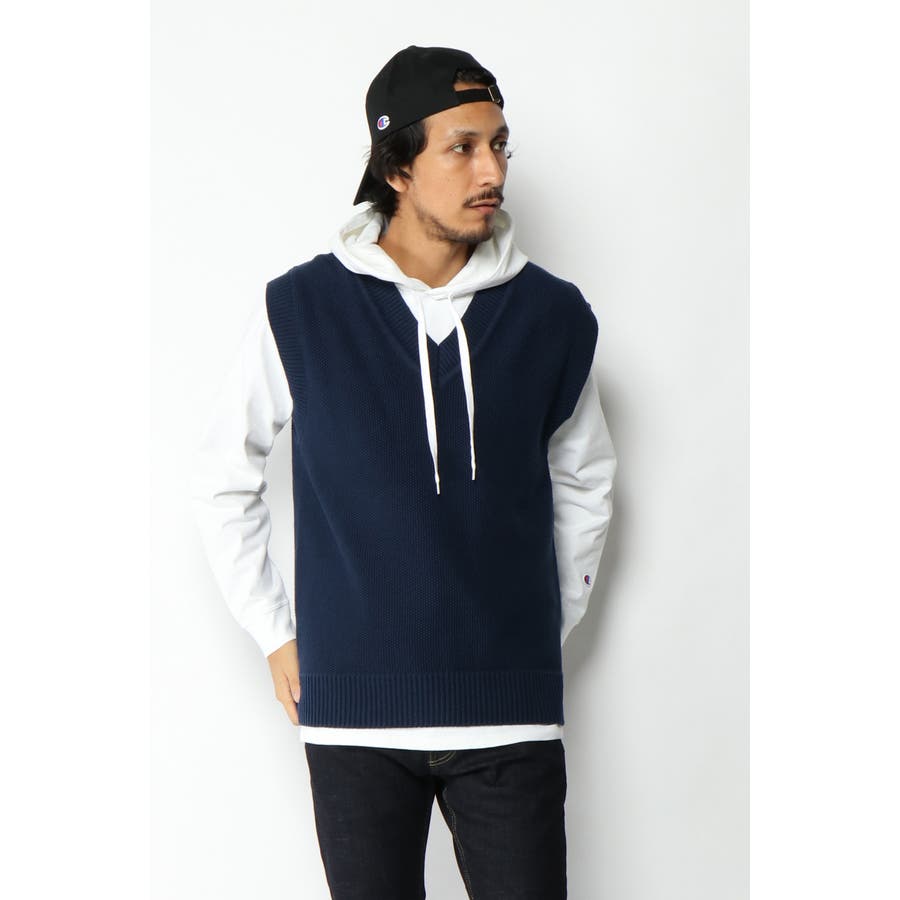 45R　綿　インディゴ　 Vネック ニットベスト Vネックニットベスト【毛玉CLEAR】【＃すごセーター