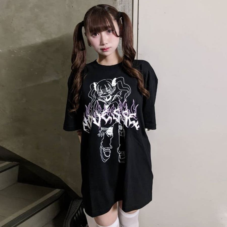 NOVESSEL少女イラストプリント半袖Tシャツ 全2色 ティーシャツ[品番