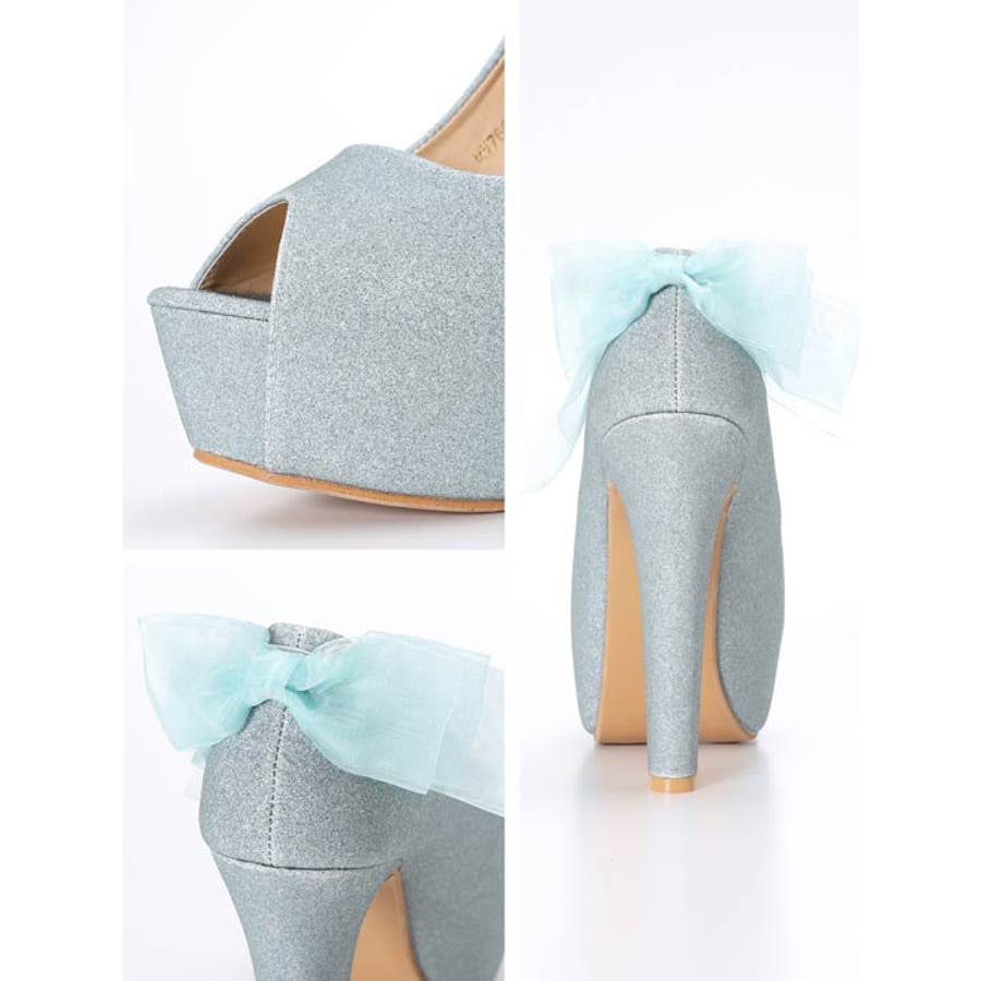 パンプス 痛くないシフォンリボングリッターオープントゥ