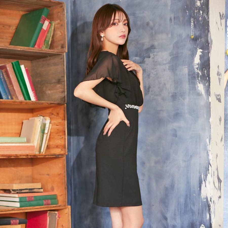 キャバドレスシフォン カシュクール ウエストビジュー[品番