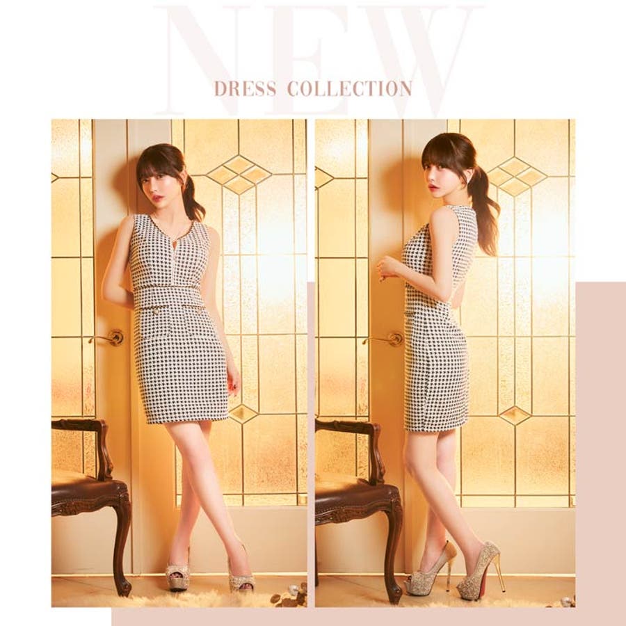 ノースリーブ千鳥柄ツイードフロントジップチェーンタイトミニドレス [品番：DY000030968]｜Dazzy（デイジー）のレディースファッション通販｜SHOPLIST（ショップリスト）