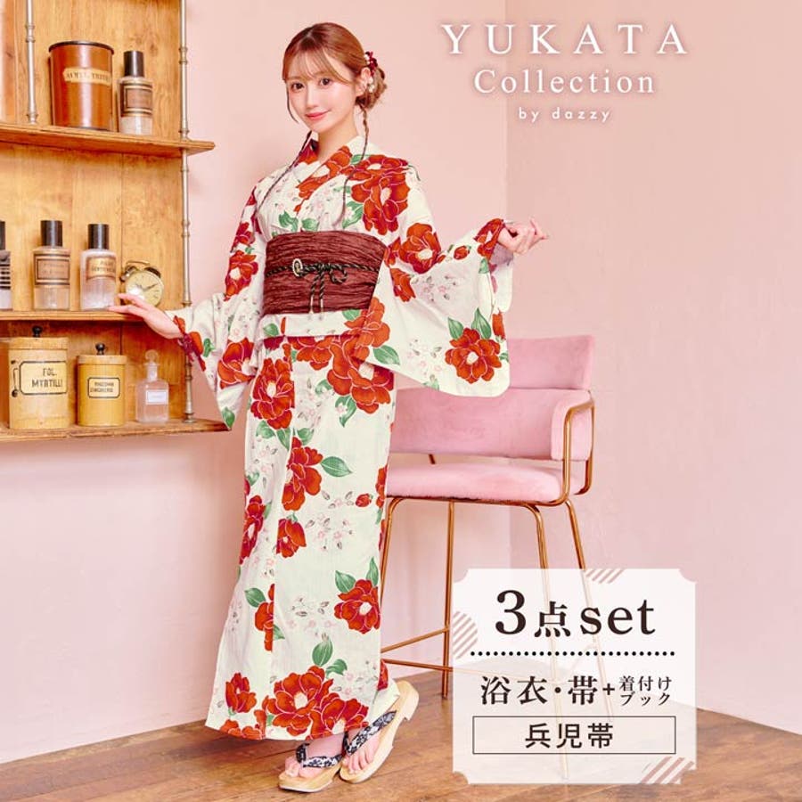 白地×ビビット紅椿柄浴衣[品番：DY000032124]｜Dazzy（デイジー