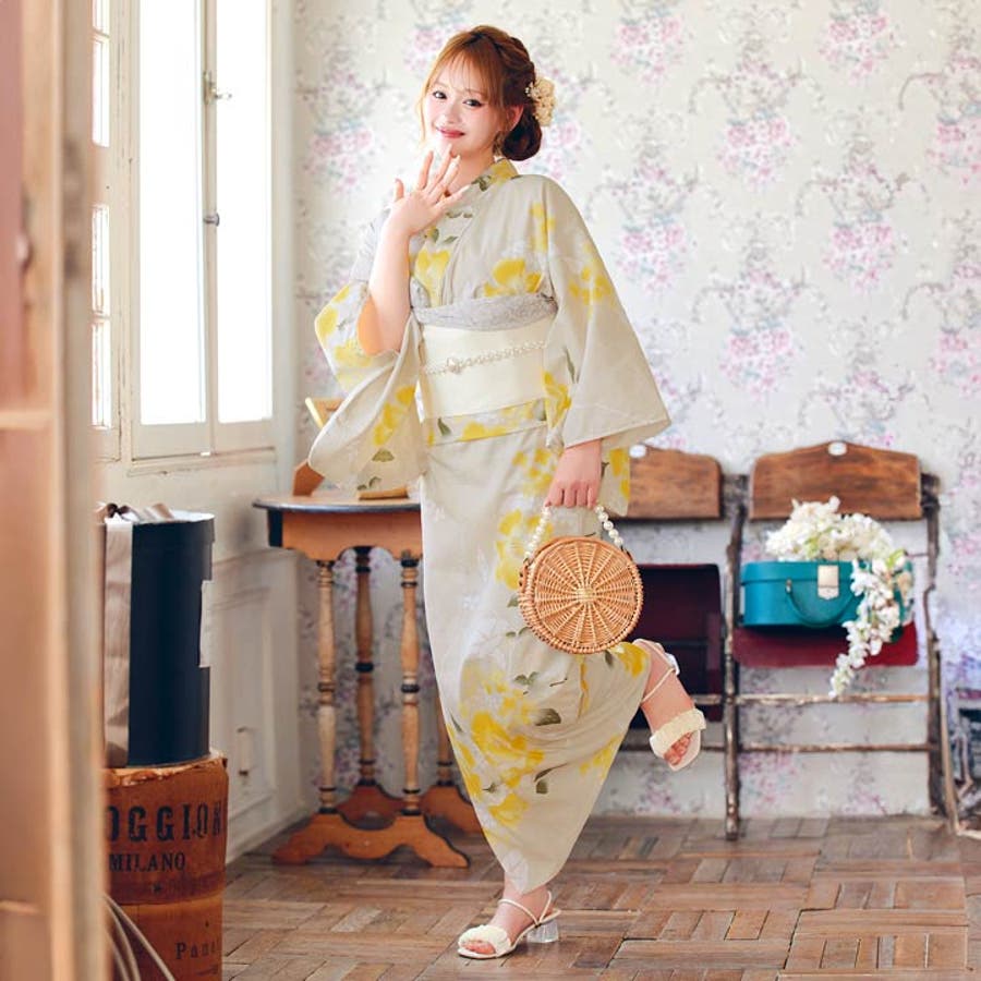 レトロモダン黄色芙蓉柄浴衣[品番：DY000032127]｜Dazzy
