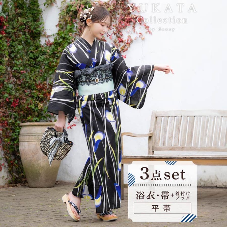 モダン縦縞×青百合柄浴衣【2025年新作 YUKATA by[品番：DY000032347