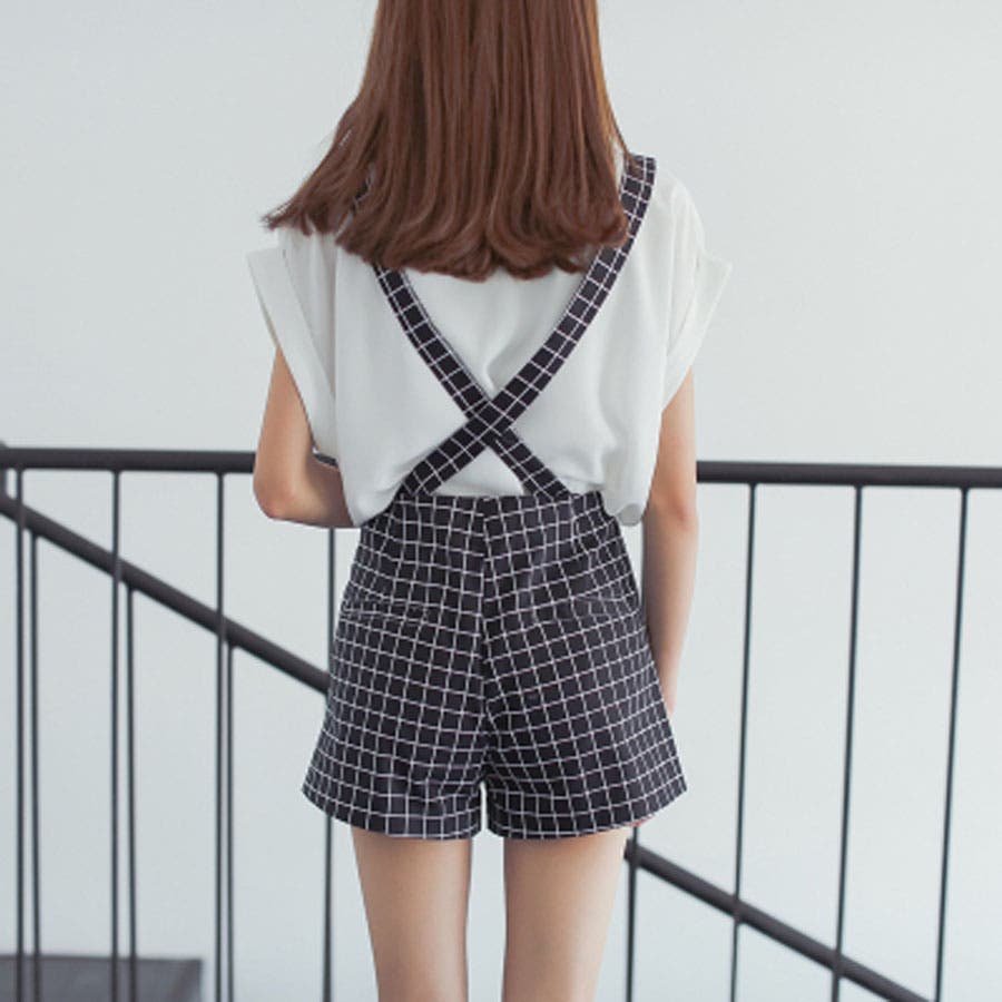 ☆韓国ファッション♪サスペンダーチェック柄ショートパンツ☆2015春夏