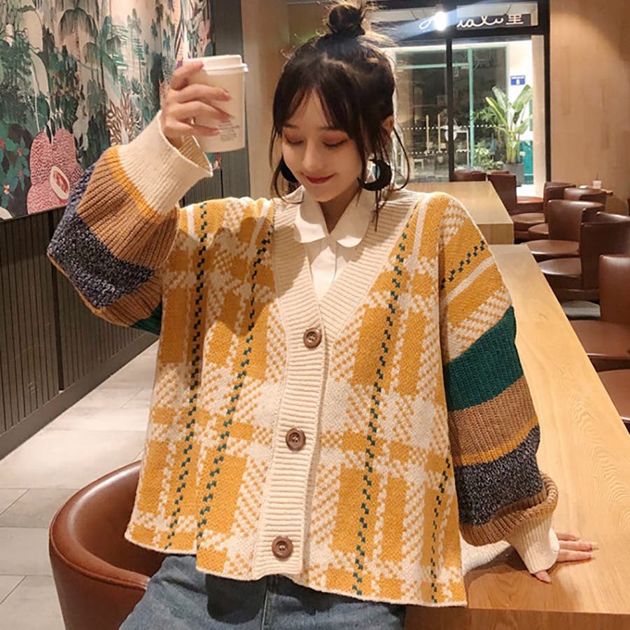 チェック柄配色ニットカーディガン 秋冬新作 韓国ファッション