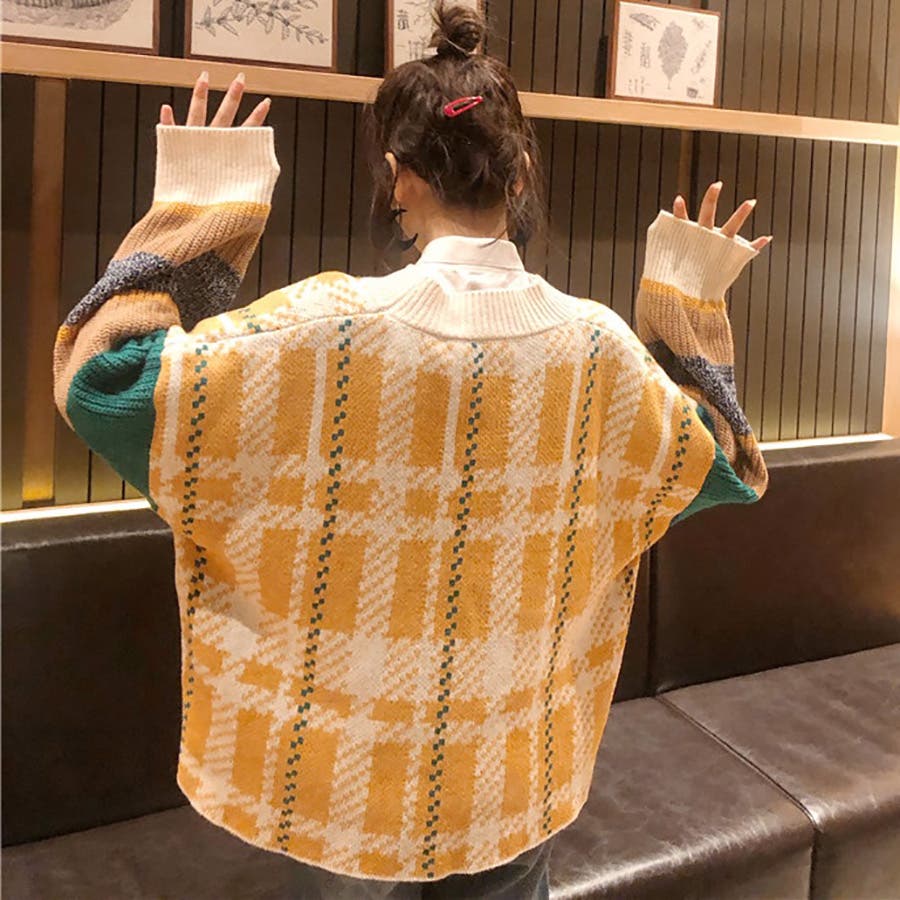 チェック柄配色ニットカーディガン 秋冬新作 韓国ファッション