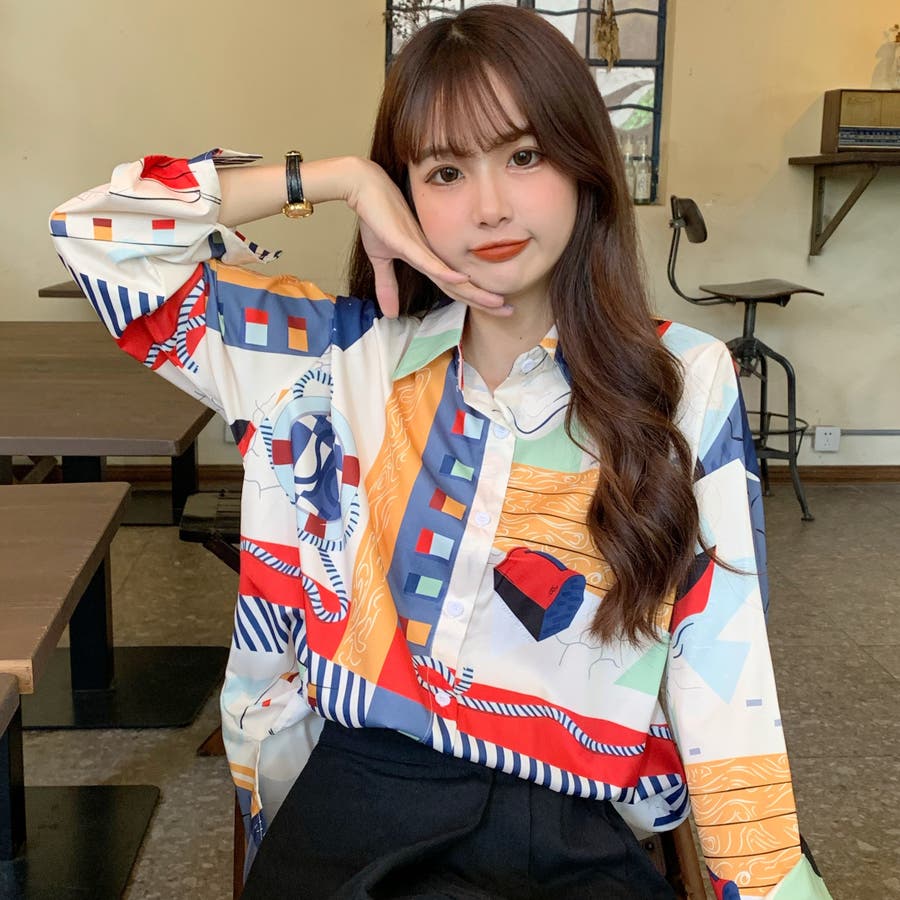 個性的総柄襟付長袖シャツ 秋冬新作 韓国ファッション 品番 Cp Dearheart ディアハート のレディース ファッション通販 Shoplist ショップリスト