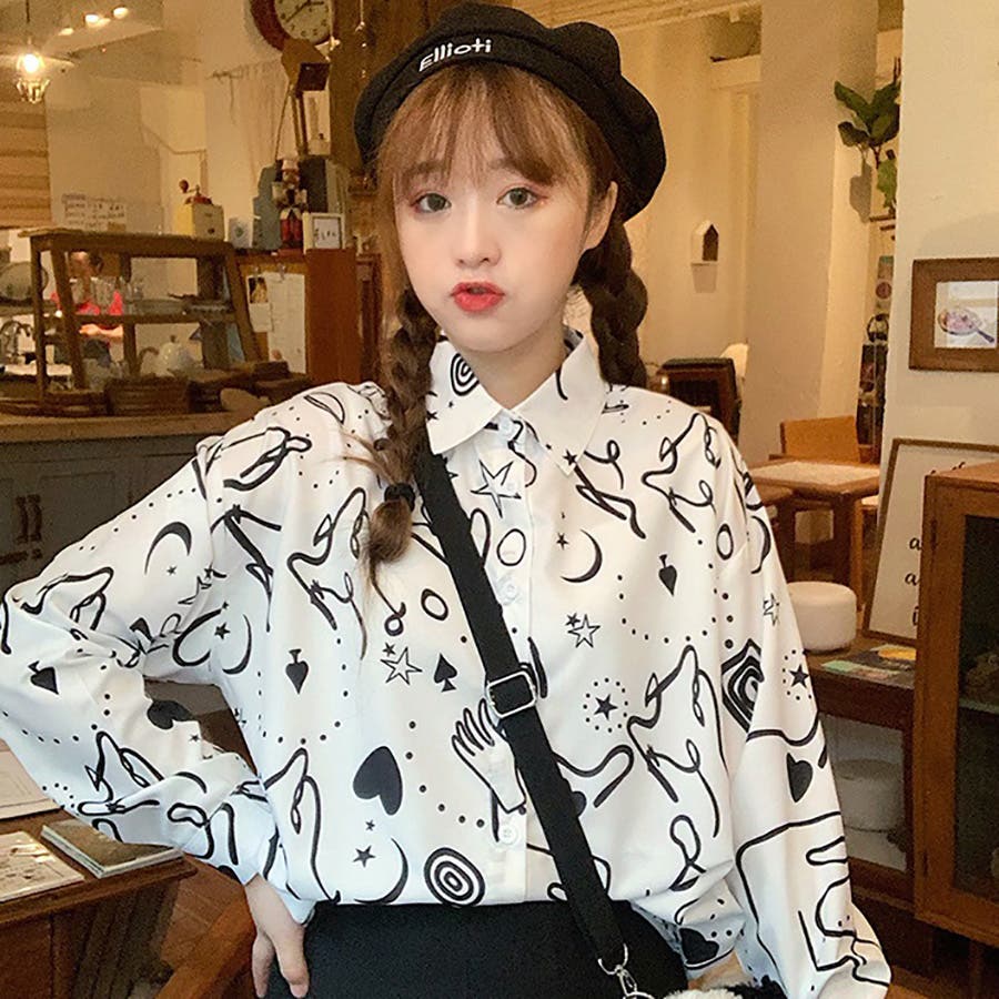 個性的総柄襟付長袖シャツ 秋冬新作 韓国ファッション 品番 Cp Dearheart ディアハート のレディース ファッション通販 Shoplist ショップリスト