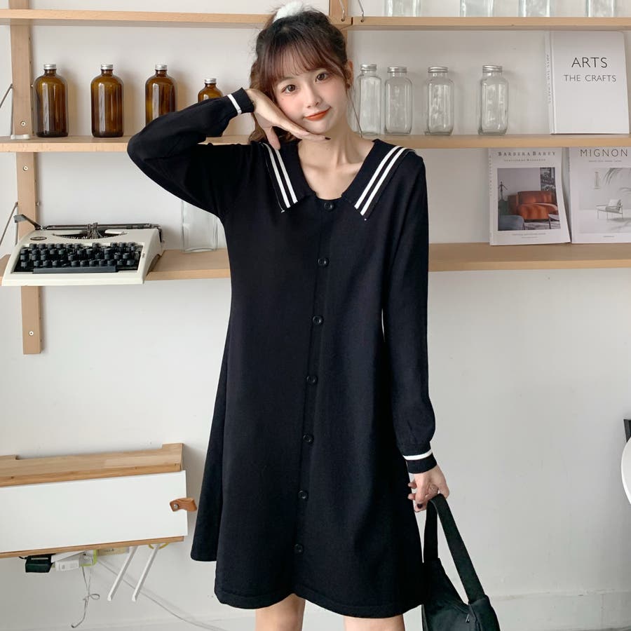 セーラーデザイン襟付長袖薄手ニットワンピース 春夏新作 韓国
