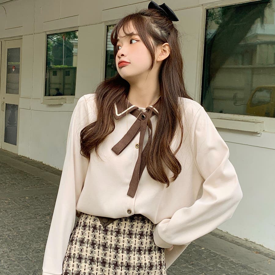 リボン付襟配色長袖シャツ 春夏 韓国ファッション 品番 Cp Dearheart ディアハート のレディースファッション通販 Shoplist ショップリスト