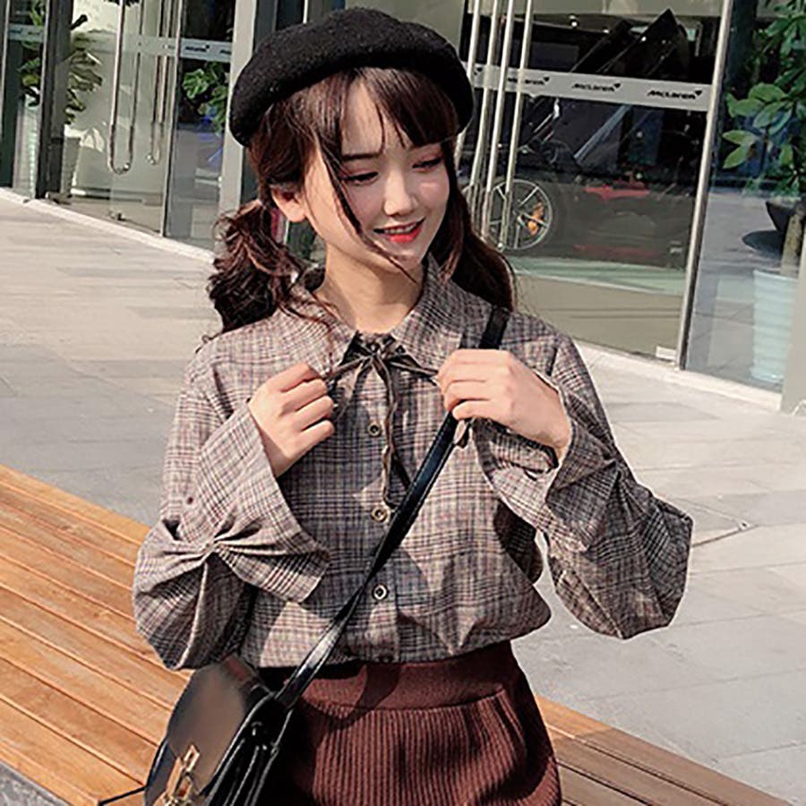 リボン付グレンチェック柄シャツ 春夏新作 韓国ファッション[品番