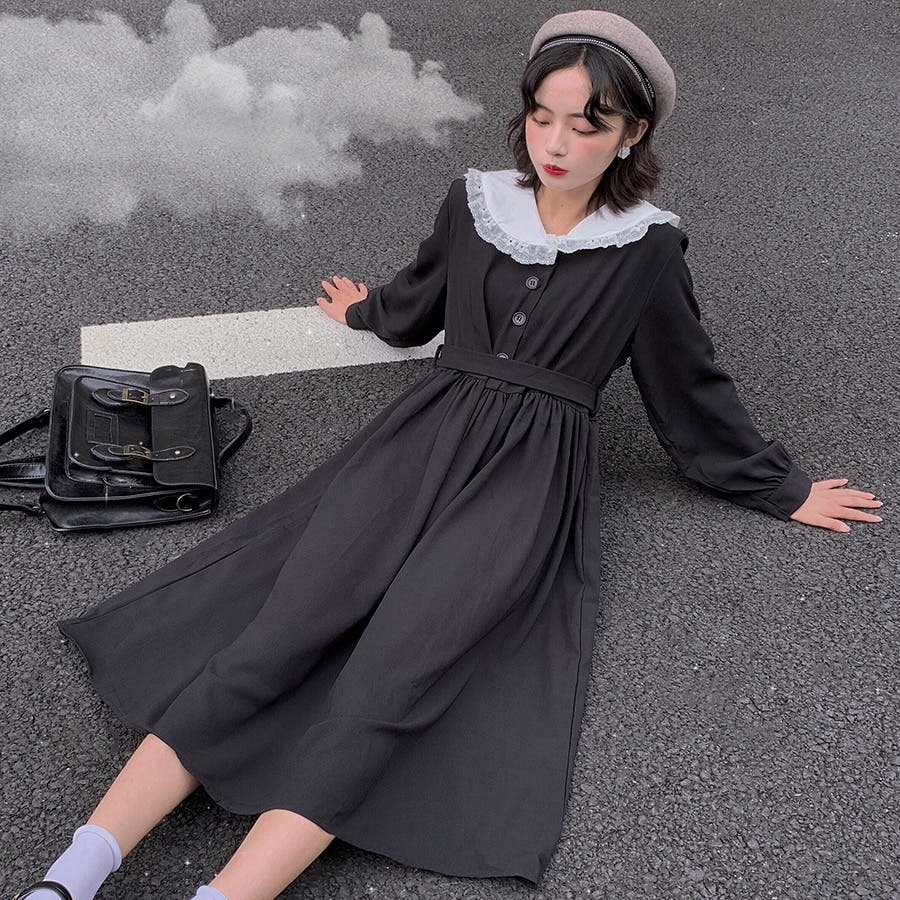 【通販激安】 レースデザイン襟付ワンピース 春夏新作 韓国ファッション[品番 Sサイズ