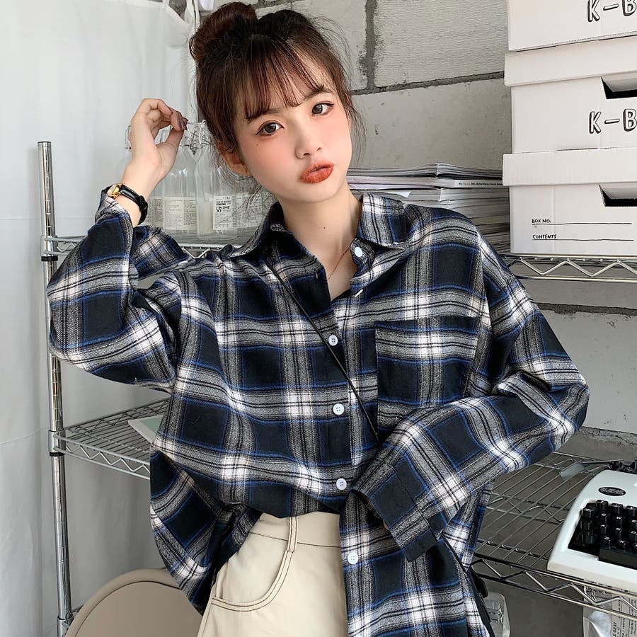 新品入荷 チェック柄襟付長袖シャツ 春夏新作 韓国ファッション[品番 トップス