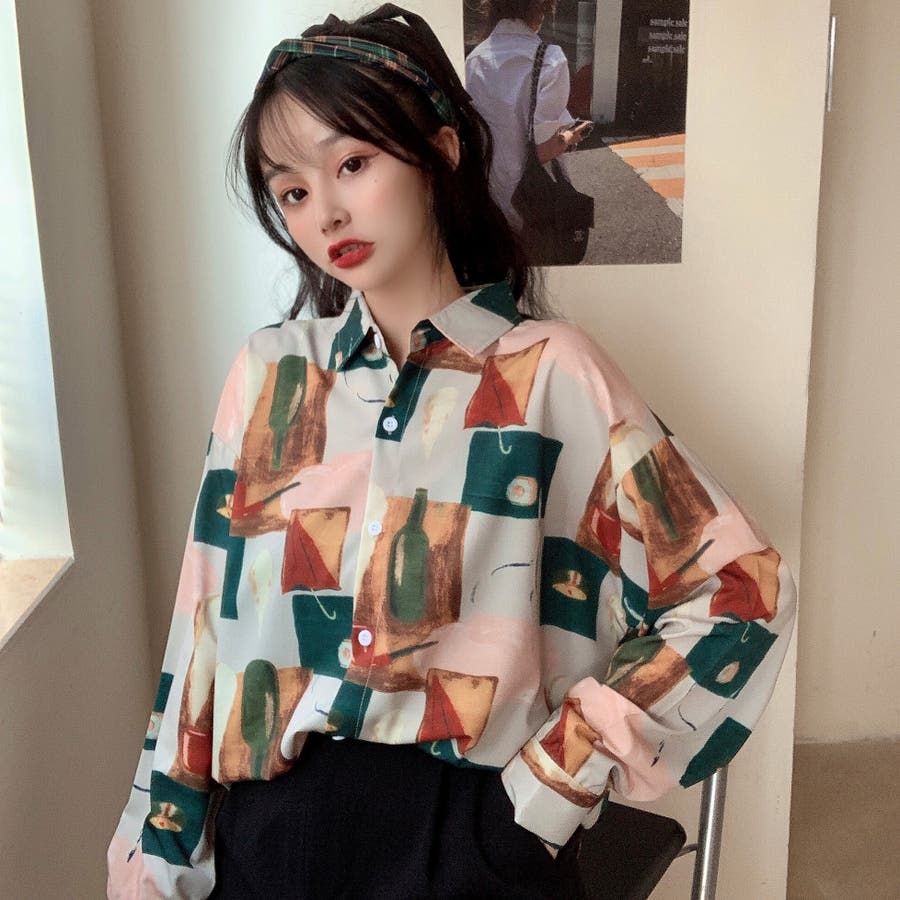 【個性派】韓国製　長袖総柄デザインシャツ　ジャガード織り調　モスグリーン　Ｌ