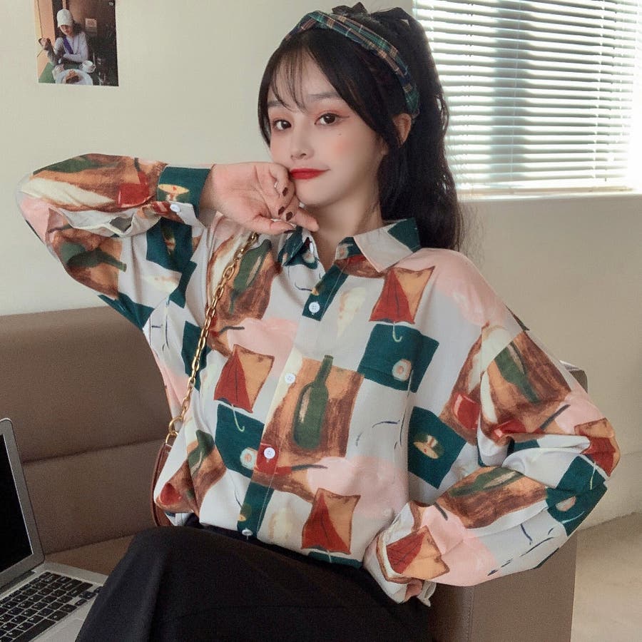 【個性派】韓国製　長袖総柄デザインシャツ　ジャガード織り調　モスグリーン　Ｌ