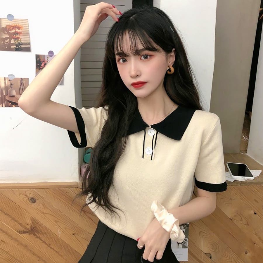 Malbon 26 韓国新作 レディース 半袖ポロ ニット 配色ロゴ 美品✨ 配色半袖ニットポロシャツ 春夏新作 韓国ファッション[品番