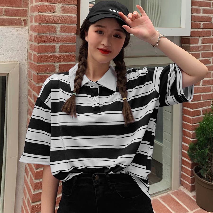 ボーダー柄半袖ポロシャツ 春夏新作 韓国ファッション[品番