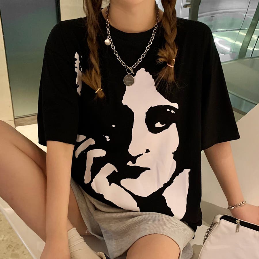顔プリント半袖Tシャツカットソー 春夏新作 韓国ファッション