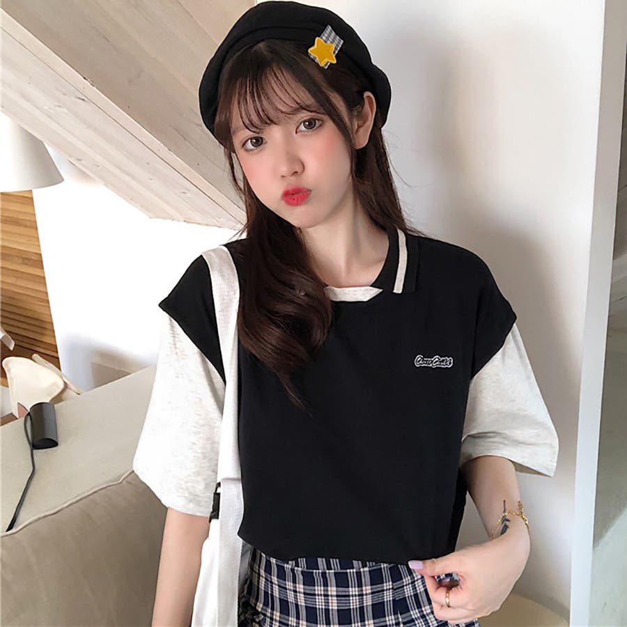 フェイクレイヤード配色半袖ポロシャツ 春夏新作 韓国ファッション