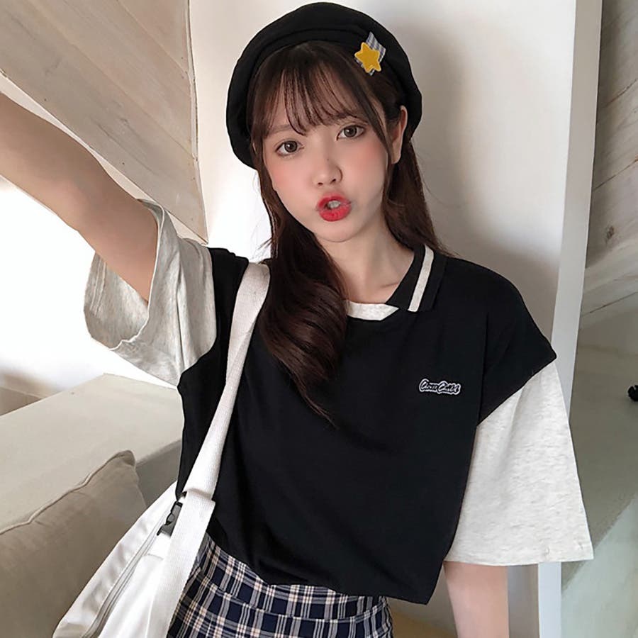 フェイクレイヤード配色半袖ポロシャツ 春夏新作 韓国ファッション
