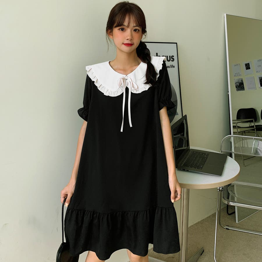 韓国 シャツワンピース ネクタイ レトロ 半袖 ティアードフリル t6962_0.jpg