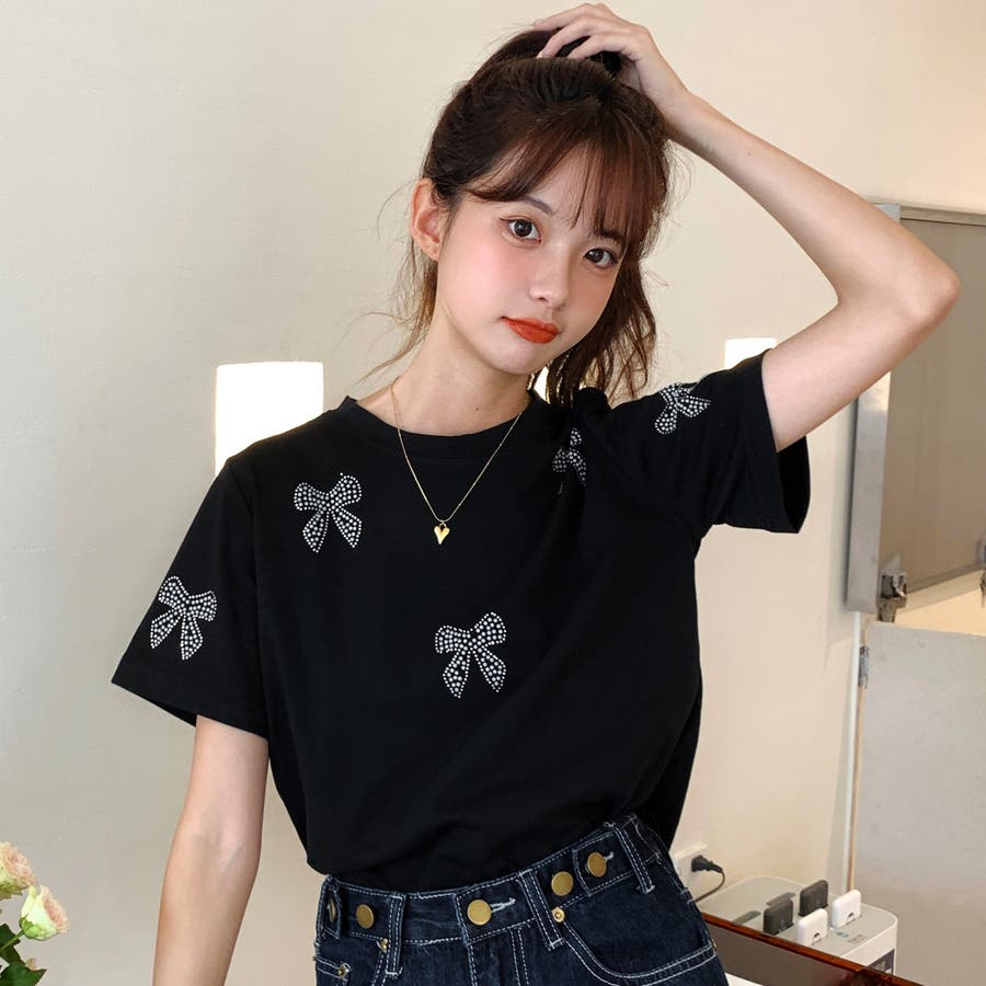 定番 リボン柄半袖Tシャツカットソー 春夏新作 韓国ファッション[品番 トップス