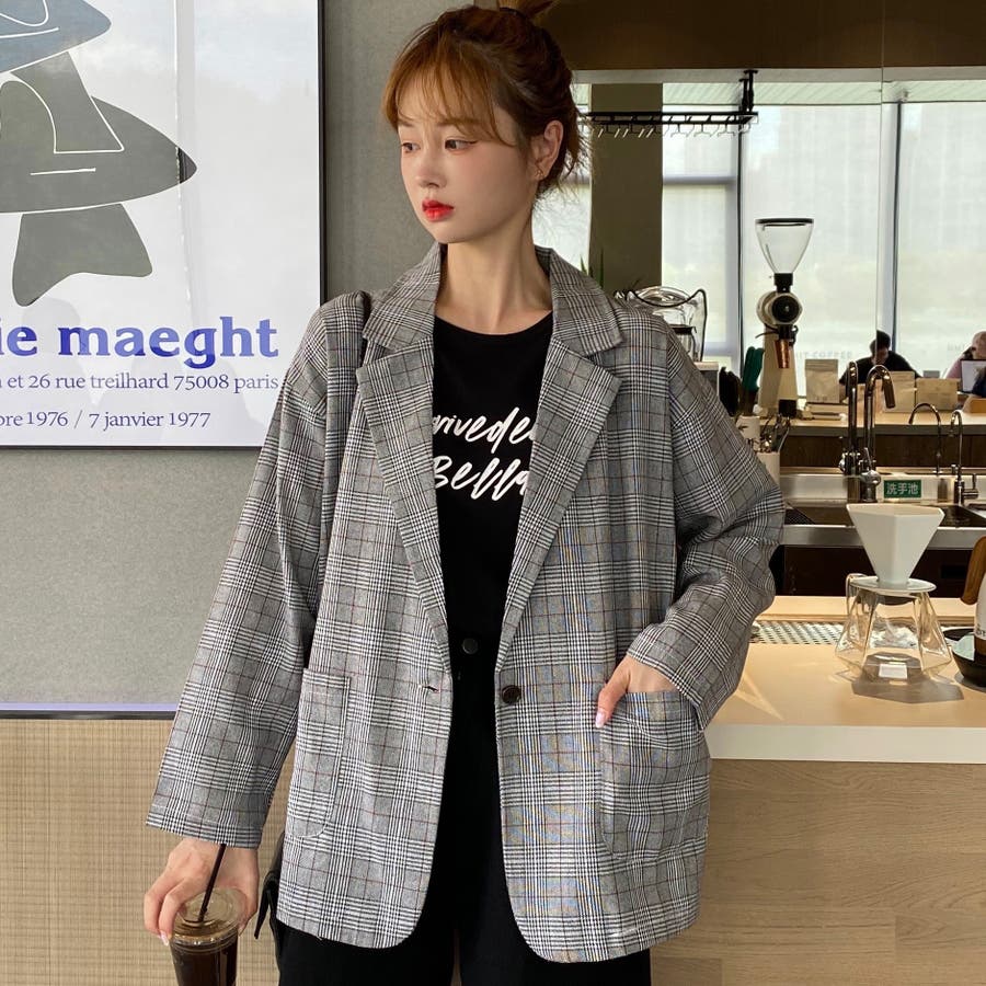 チェック柄薄手長袖テーラードジャケット 秋冬新作 韓国ファッション