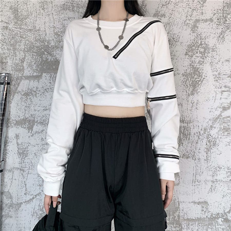 【特価】 ジップデザイン スウェットトップス[品番 ショート丈 トップス