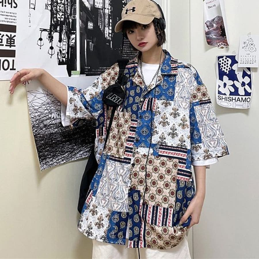 柄シャツ パッチワーク風 ビッグシルエット[品番：DCTW0003237