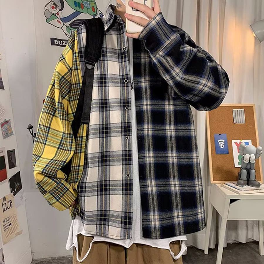 柄シャツ チェック柄 アシンメトリー[品番：DCTW0003755