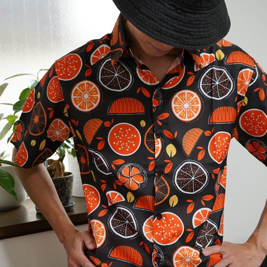 柄シャツ オレンジ柄 半袖シャツ[品番：DCTW0004129]｜Decorative