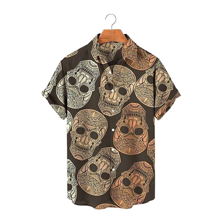 大人気 総柄シャツ クマ ガイコツ レトロ 黒 モノトーン シック