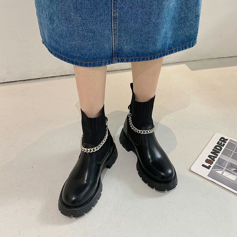 ショートブーツ ソックスブーツ チェーンデザイン[品番：DCTW0003421